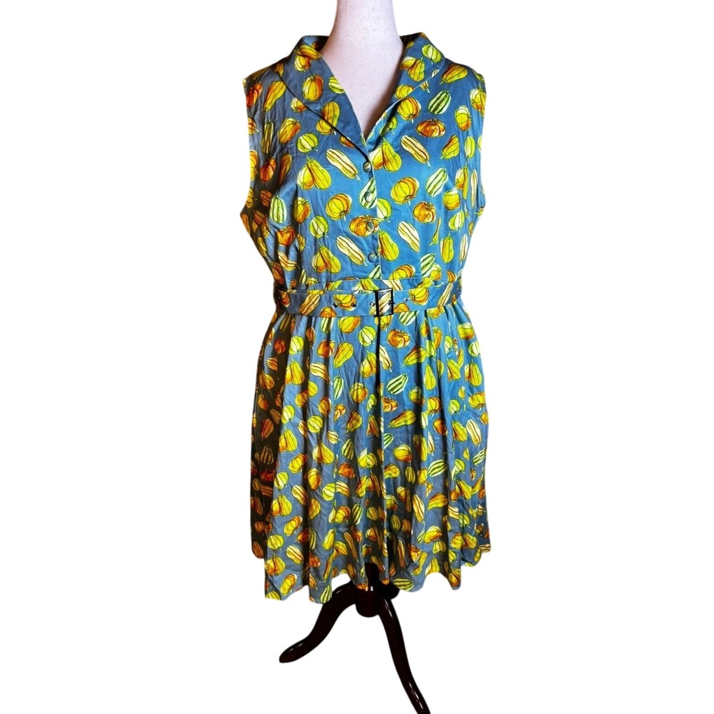 251. Miss Lulo Pumpkin Gourd Print Shirt Dress Blue Sleeveless Harvest Retro 2X